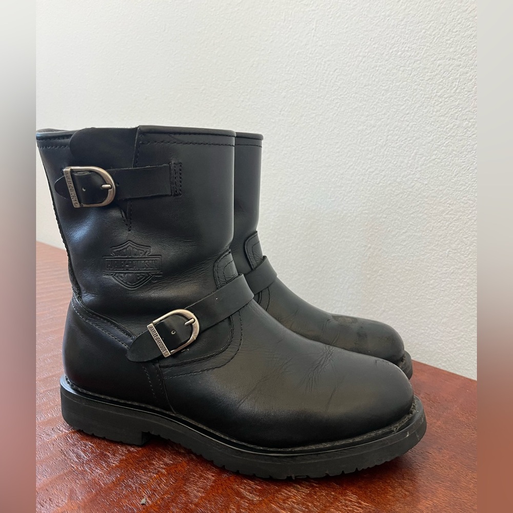 Harley Davidson Motorcycle Boots Black Leather Buckle Side Zip Sz 9